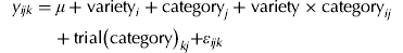 $$y_{ijk} = \mu + {\rm variety}_i + {\rm category}_j + {\rm variety} \times {\rm category}_{ij} + {\rm trial}\left( {{\rm category}} \right)_{kj} + \varepsilon _{ijk} $$