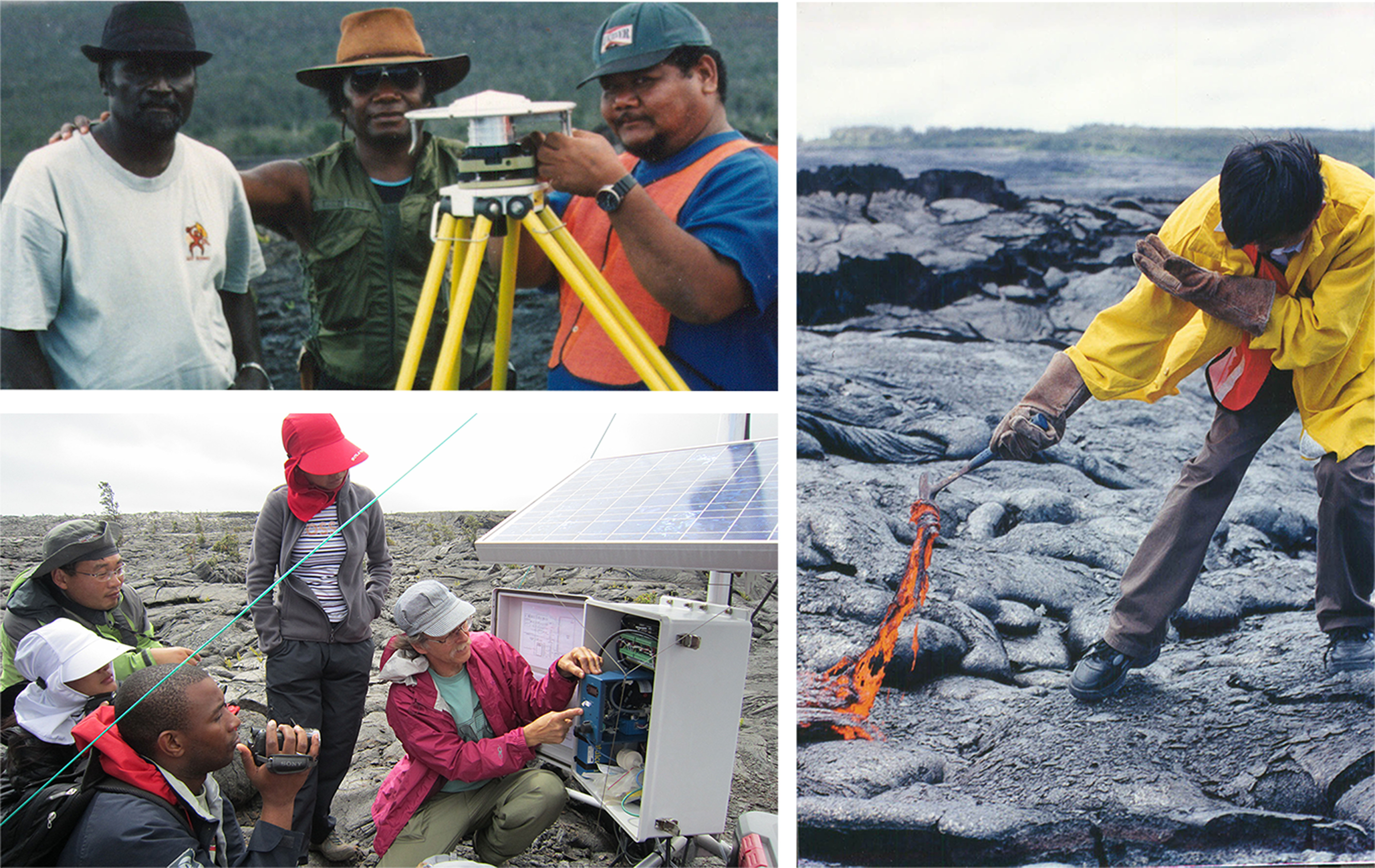 Collage of photographs of trainees learning different aspects of managing volcano hazards. Top left: Three trainees stand by a volcano monitoring device. Bottom left: An instructor explains a volcano monitoring device to four trainees. Right: A man in protective clothing pulls red-hot lava from within a cooling flow for testing.