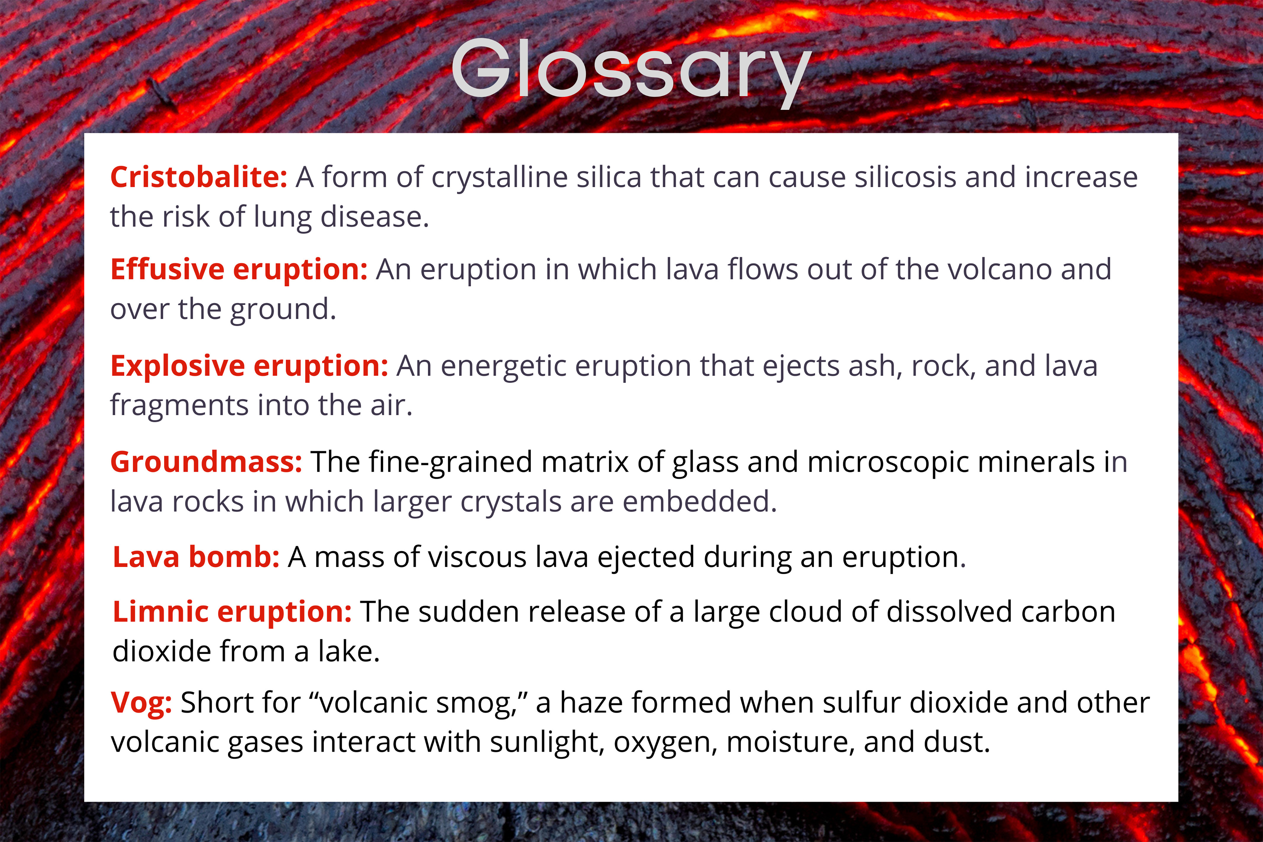 Glossary of terms used in the article, printed over a backdrop of molten lava. The terms and definitions are as follows: Cristobalite: A form of crystalline silica that can cause silicosis and increase the risk of lung disease. Effusive eruption: An eruption in which lava flows out of the volcano and over the ground. Explosive eruption: An energetic eruption that ejects ash, rock, and lava fragments into the air. Groundmass: The fine-grained matrix of glass and microscopic minerals in lava rocks in which larger crystals are embedded. Lava bomb: A mass of viscous lava ejected during an eruption. Limnic eruption: The sudden release of a large cloud of dissolved carbon dioxide from a lake. Vog: Short for “volcanic smog,” a haze formed when sulfur dioxide and other volcanic gases interact with sunlight, oxygen, moisture, and dust.