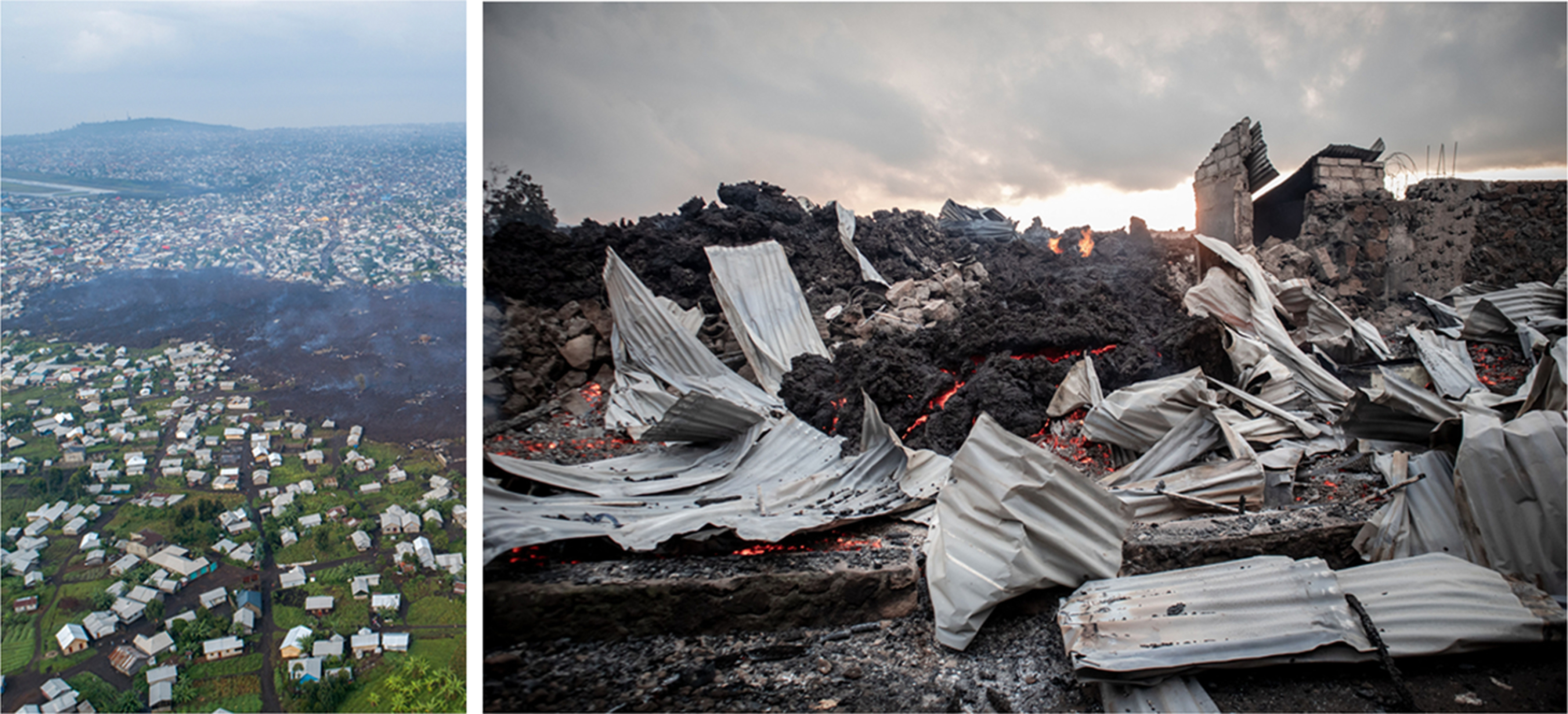 Left: Aerial view of houses and small buildings with tongue of black lava sweeping across the land. Right: Black and red lava and the remains of a corrugated metal roof after a volcanic eruption.