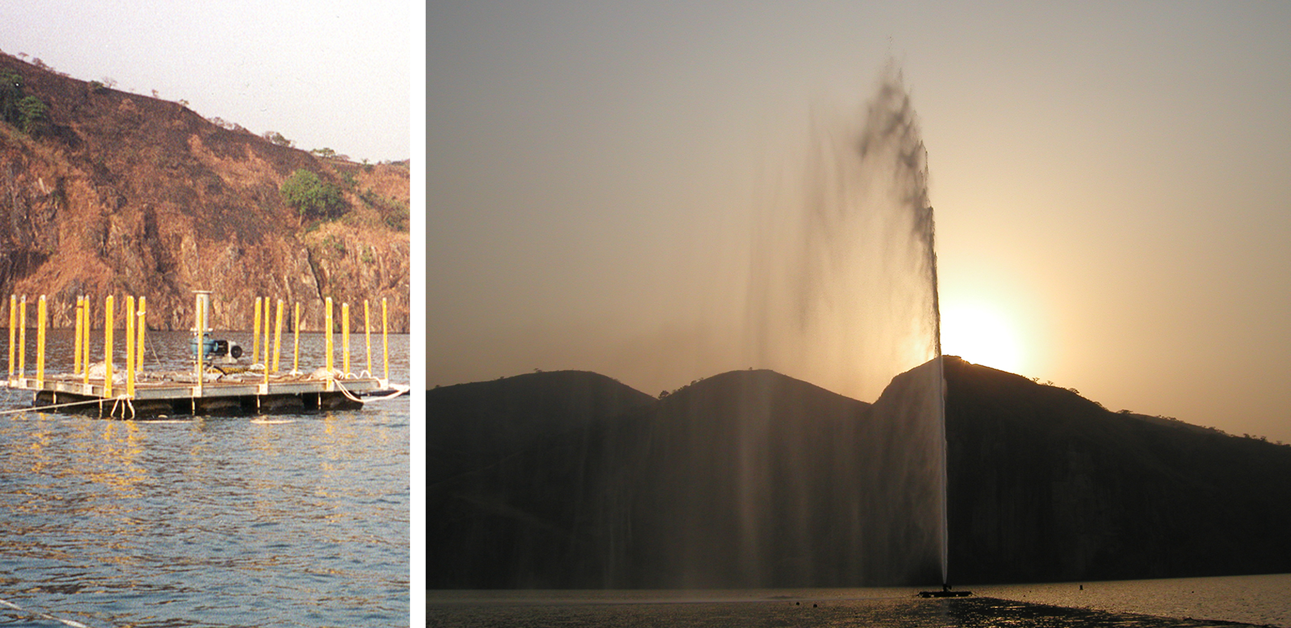 Left: Closeup of a floating platform. Right: A geyser of water shooting up out of Lake Nyos.