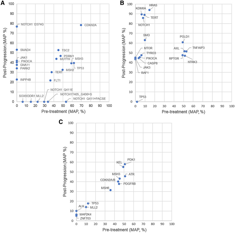 Figure 4. Differences in mutation allele frequency (MAF) between pre-treatment and post-progression specimens. A, Best overall response: partial response. B, Best overall response: partial response. In the post-progression biopsy, a new MTAP loss and a new CDKN2A/B loss were detected. C, The patient had a good initial response to treatment. However, tumor regrowth occurred rapidly before the first imaging assessment. The best overall response of the patient was disease progression.