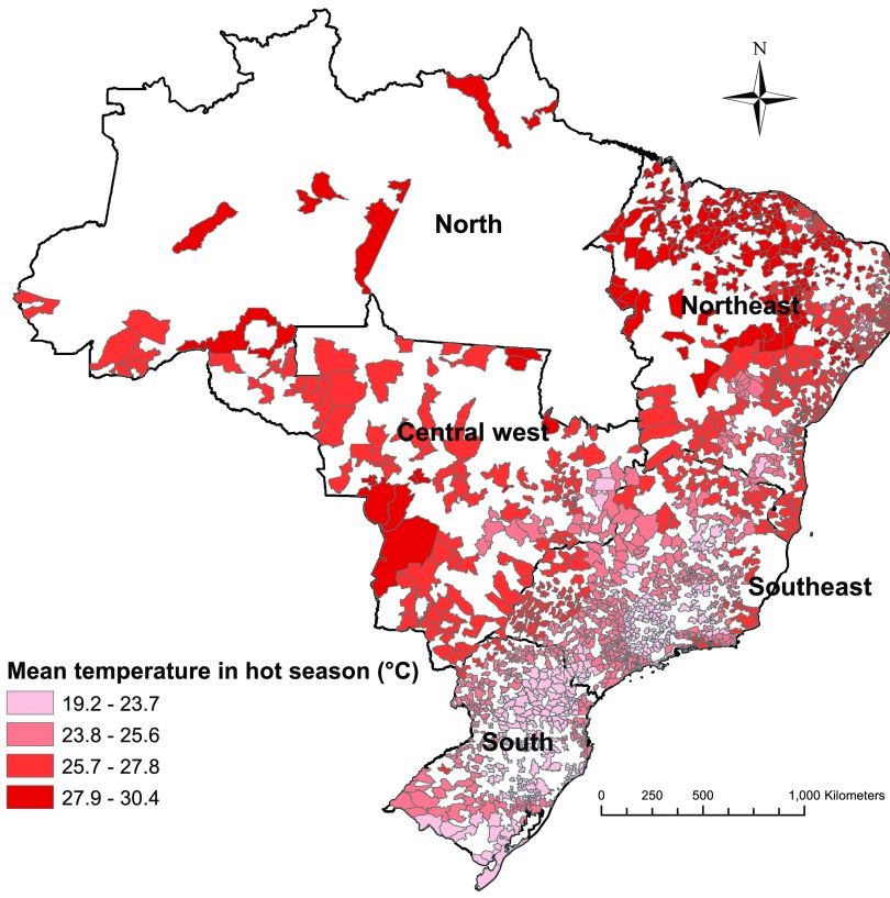 Figure 1 is a map of Brazil marking mean temperature (degree Celsius) in hot season. The key is as follows: 19.2 to 23.7; 23.8 to 25.6; 25.7 to 27.8; and 27.9 to 30.4.