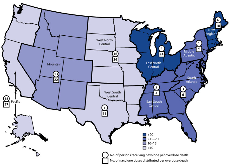 The figure is a map of the United States showing the number of new and cumulative overdose education and naloxone distribution implementations within syringe service programs throughout the United States in 2019.