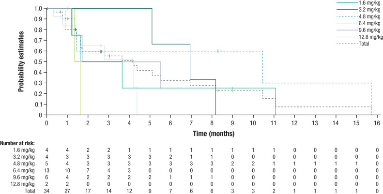 Figure 3. Kaplan–Meier curve of PFS. Median PFS, or the time from start of study treatment to first documented radiologic progression or death from any cause, was 4.2 months (95% CI, 1.6–6.9).