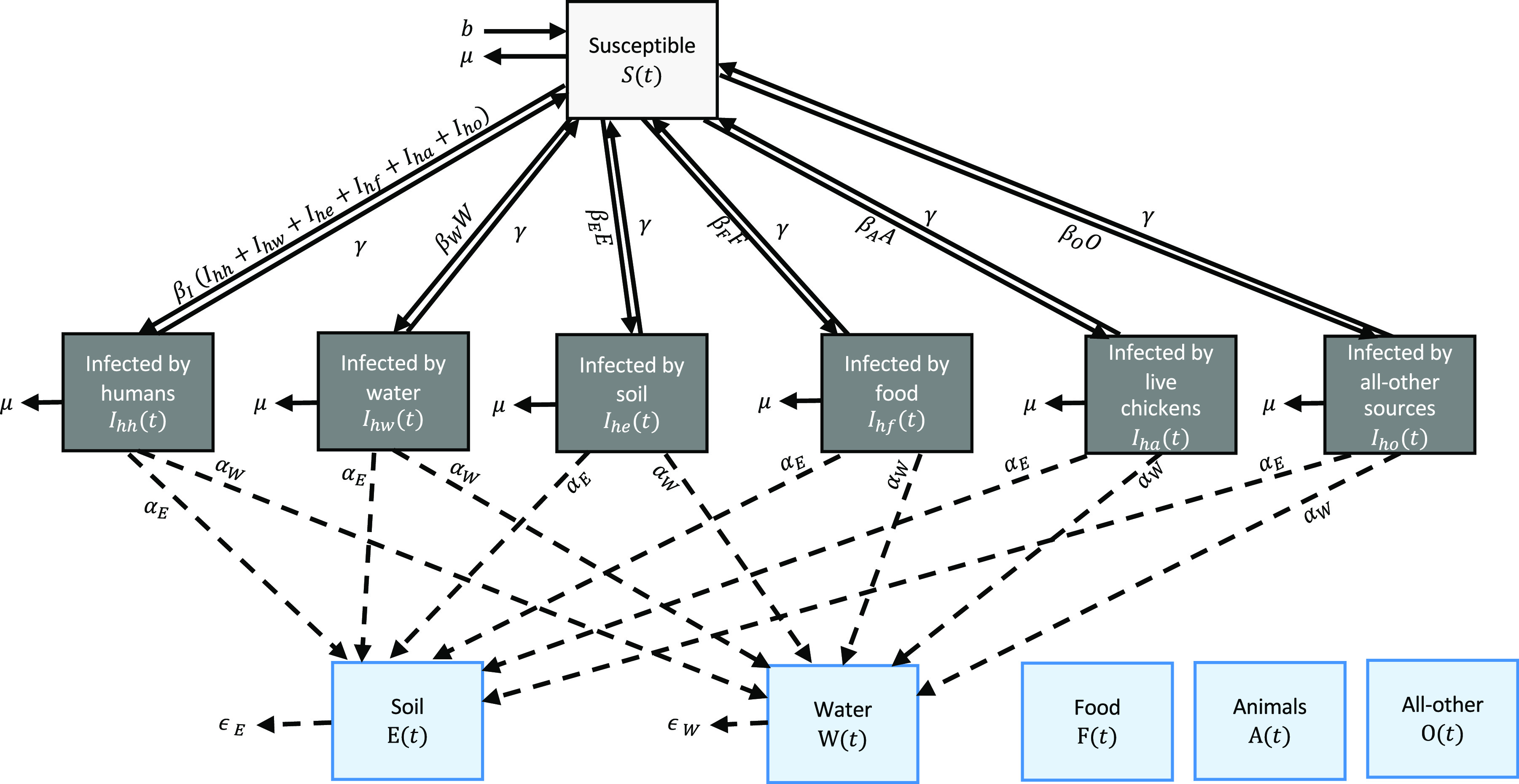 Figure 1 is a schematic flowchart with eight steps. Step 1: There is a bidirectional relationship between being susceptible to infection, including the transmission rate for the person-to-person pathway, 1 per day open parenthesis children who are infected via direct contact with other infected people plus water plus exposure to contaminated soil plus consumption of contaminated food plus contacts with live animals plus all other exposure sources close parenthesis, the rate of recovery from infection, 1 per day, and being infected by humans. Step 2: There is a bidirectional relationship between being susceptible to infection, including the transmission rate for the water-to-person pathway, 1 per day, and the rate of recovery from infection, 1 per day, and being infected by water. Step 3: There is a bidirectional relationship between being susceptible to infection, including the transmission rate for the water-to-person pathway (1 per day) and soil, the rate of recovery from infection (1 per day), and being infected by soil. Step 4: There is a bidirectional relationship between being susceptible to infection, including the transmission rate for the food-to-person pathway (1 per day with pathogen contamination in food), the rate of recovery from infection (1 per day), and being infected by food. Step 5: There is a bidirectional relationship between being susceptible to infection, including the transmission rate for the live-animal-to-person pathway (1 per day with the prevalence of infection among live animals), the rate of recovery from infection (1 per day), and being infected by live chickens. Step 6: There is a bidirectional relationship between being susceptible to infection, including the transmission rate for the all-other exposure-to-person pathway, 1 per day with all other sources, the rate of recovery from infection, 1 per day, and being infected by all other sources. Step 7: Infection by humans, water, soil, food, live chickens, and all other sources is caused by soil and water. Step 8: Soil and water lead to the rate of removal of pathogens from water and soil, 1 per day.