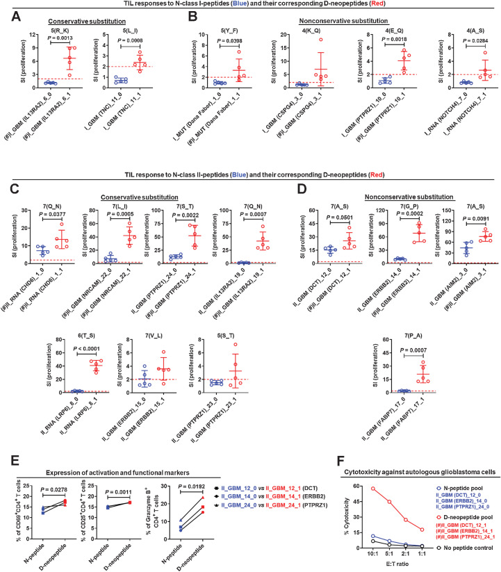 Figure 5. Single AA substitutions increase the stimulatory effect of D-neopeptides. Comparison of the stimulatory strengths of N-class I-peptides (A and B) or N-class II-peptides (C and D) and their corresponding D-neopeptides by conservative (A, C) or nonconservative (B, D) AA substitution to TILs. Five replicate wells were tested for proliferation, and responses were depicted as SI. E, Comparison of the expression levels of activation markers CD69 and CD25 as well as cytotoxicity marker granzyme B on/in CD4+ TILs after stimulation with N-class II-peptides and their corresponding D-neopeptides. Five replicate wells were set up for each condition, and cells were collected and pooled from replicate wells for testing. F, Comparison of the cytotoxicity of TILs to tumor cells after stimulation with N-class II-peptide and D-class II-neopeptide pools for 5 days. Three replicate wells were set up for each condition. (#) indicates the peptide that was used in the first to fourth vaccinations. Data are expressed as mean ± SEM, and P values were determined using an unpaired t test.