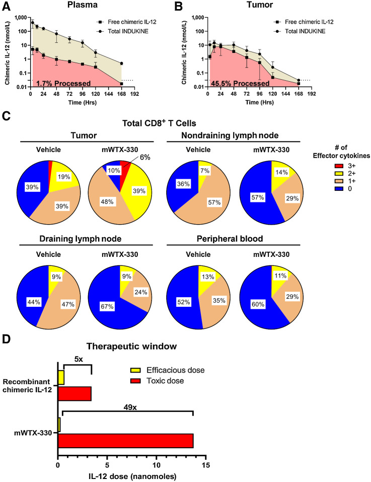 Figure 2. mWTX-330 is preferentially activated in the TME and has a greater therapeutic window than chimeric IL-12. A and B, Plasma (A) and tumor (B) samples from MC38 tumor-bearing mice treated with mWTX-330 were analyzed at various timepoints for either the presence of the total INDUKINE protein (tan) or free chimeric IL-12 (red). The AUC was calculated, and the ratio of total INDUKINE molecule to free chimeric IL-12 was calculated. C, MC38 tumor-bearing mice were dosed twice with mWTX-330, and the frequency of polyfunctional CD8+ T cells in the tumor, peripheral blood, tumor draining or nontumor draining lymph nodes was measured by examining coexpression of IFNγ, TNF, and Granzyme B after PMA/ionomycin restimulation. D, Representation of the therapeutic window of recombinant chimeric IL-12 or mWTX-330 in MC38 tumor-bearing mice based on multiple experiments identifying the MED and the MTD of each molecule (Supplementary Fig. S3). Where applicable, error bars represent the mean (± SD).