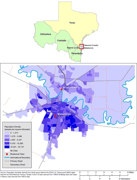 Map of the Brownsville/Matamoros area The first map shows the location of Brownsville in the southernmost tip of Texas. Matamoros is just across the border, in the northeast corner of Mexico. The second map shows the 2 cities in greater detail, with relative population densities. The city centers are only approximately 5 kilometers apart, and Matamoros is more densely populated than Brownsville.