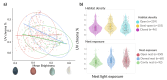 A scatter plot illustrating the interaction between UV reflection and mean brightness, with each point representing a species, grouped by nest exposure group (open, domed, cavity) using ellipses.