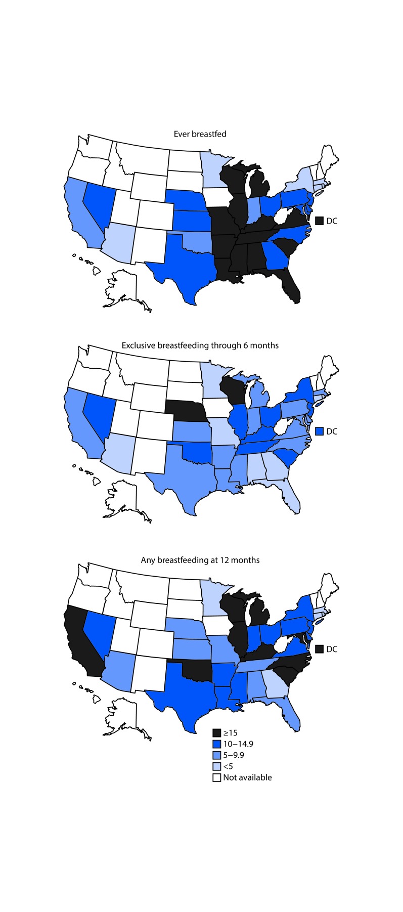 The figure above is a series of three maps of the United States showing the percentage point difference in breastfeeding indicators between non-Hispanic white and non-Hispanic black infants on the National Immunization Survey during 2011–2015.