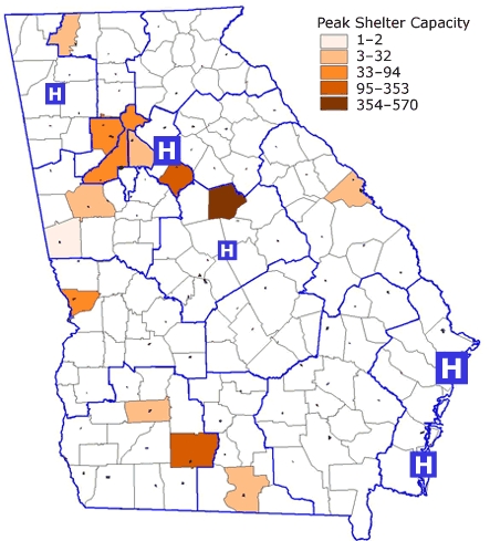 Map of Georgia The figure is a map of Georgia that shows counties where Hurricane Katrina evacuee shelters were located and their relative capacities. Most of the shelters and those with the largest capacities were located in and around the Metro-Atlanta region in northern Georgia. The figure also shows location and relative number of hospitals that participated in early event detection. Three of these locations are in the Metro-Atlanta region, and 2 are on the southeastern coast of Georgia.