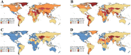 Four colored world maps labeled A, B, C, and D display age-standardized rates from 1990 to 2021. They show estimated annual percentage changes (EAPC) for: A - Age-Standardized Incidence Rate (ASIR); B - Age-Standardized Prevalence Rate (ASPR); C - Age-Standardized Mortality Rate (ASMR); D - Age-Standardized Disability-Adjusted Life Year Rate (ASDR). Color gradients indicate the magnitude of EAPC, with red representing higher rates and blue representing lower rates. Each map includes a legend detailing EAPC ranges.