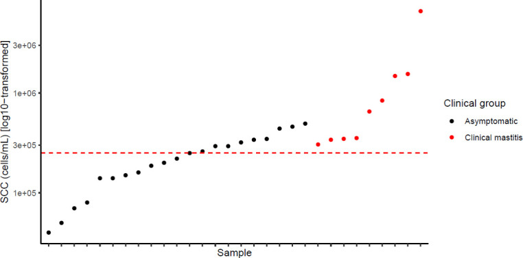 Scatterplot depicts SCC for samples categorized as asymptomatic and clinical mastitis. Dashed line represents a threshold SCC value of ≥ 250,000 cells/milliliter, above which most clinical mastitis cases are observed.