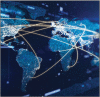 Global communication network on a glowing particle world map.