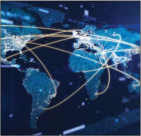 Global communication network on a glowing particle world map.