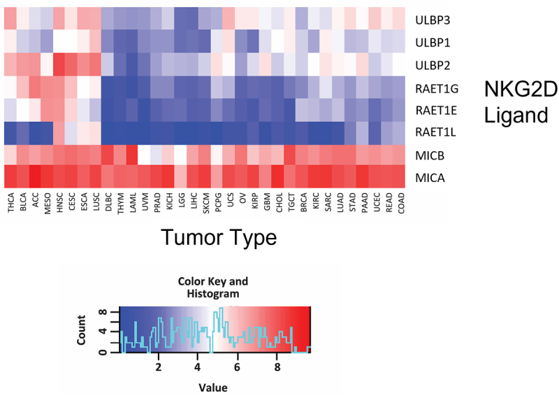 Color-coded heat map that represents the intensity of NKG2D ligand expression in cancer tissues.