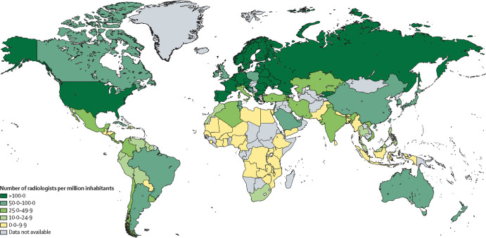 Estimated number of radiologists per million inhabitants from the International Atomic Energy Agency (IAEA) Medical Imaging and Nuclear Medicine, or IMAGINE, global resources database. The figure was created by the IAEA and adapted by The Lancet Oncology for publication in reference 8. It is reprinted with permission.