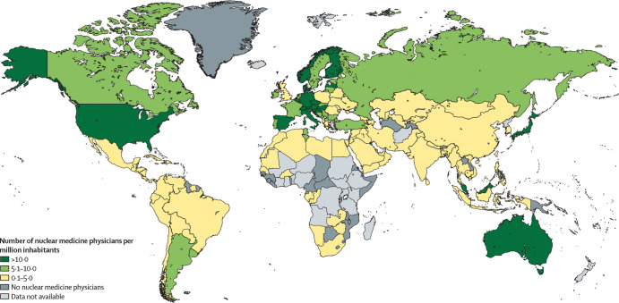 Estimated number of nuclear medicine physicians per million inhabitants. Data are from the International Atomic Energy Agency (IAEA) Medical Imaging and Nuclear Medicine, or IMAGINE, global resources database. The figure was created by the IAEA and adapted by The Lancet Oncology for publication in reference 8. It is reprinted with permission.