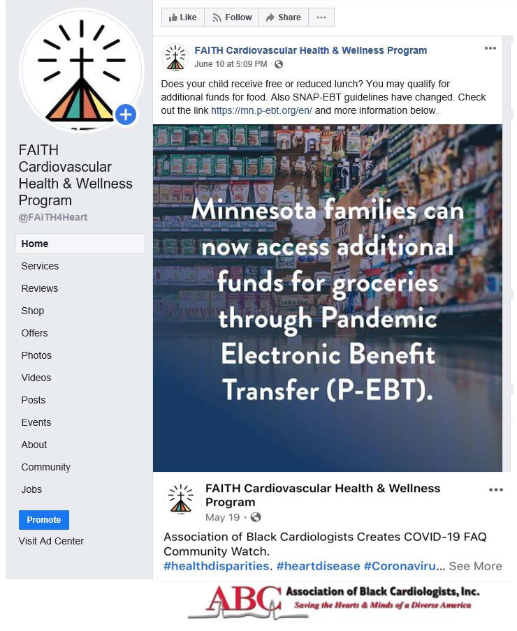 Screenshot of Facebook page. Main message is “Minnesota families can now access additional funds for groceries through Pandemic Electronic Benefit Transfer (P-EBT).” The background image is of an aisle in a grocery store. The date and time of the post is June 10 at 5:09 pm. The FAITH Cardiovascular Health & Wellness program is identified as the author of the post. The Association of Black Cardiologists, Inc, is also noted.