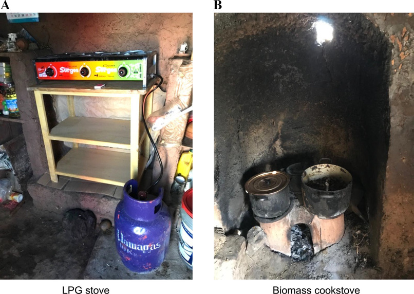 Figure 1A and 1B are images depicting L P G stove and Biomass cookstove, respectively.