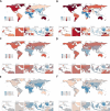 Global maps labeled A to F display color-coded data visualizations showing various regions, including the Caribbean, Persian Gulf, and Southeast Asia. Each map highlights areas in red, blue, and shades in between, with accompanying regional insets for detailed views. Color scales indicate quantitative values, likely related to a specific demographic or environmental data. These visualizations present a comparative analysis across different world regions.