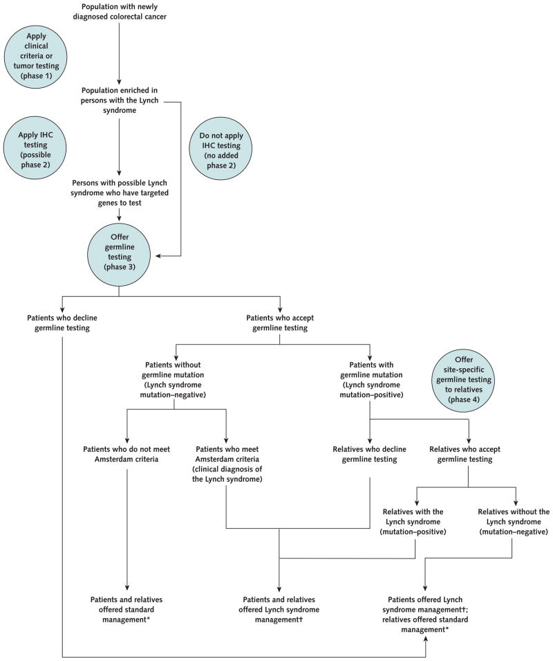 Model schematic of the strategies to identify persons with the Lynch syndrome and the management options based on risk stratification