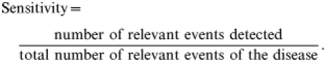 \openup3\eqalign{ \tab{\rm Sensitivity} \equals\cr\tab\quad {{{\rm number\ of\ relevant\ events\ detected}} \over {{\rm total\ number\ of\ relevant\ events\ of\ the\ disease}}}. }