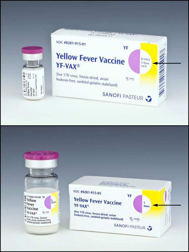 The figure above consists of two photos of yellow fever vaccine packages. The top photo shows the package for five single-dose vials, and the bottom photo shows the package for the 5-dose vial.