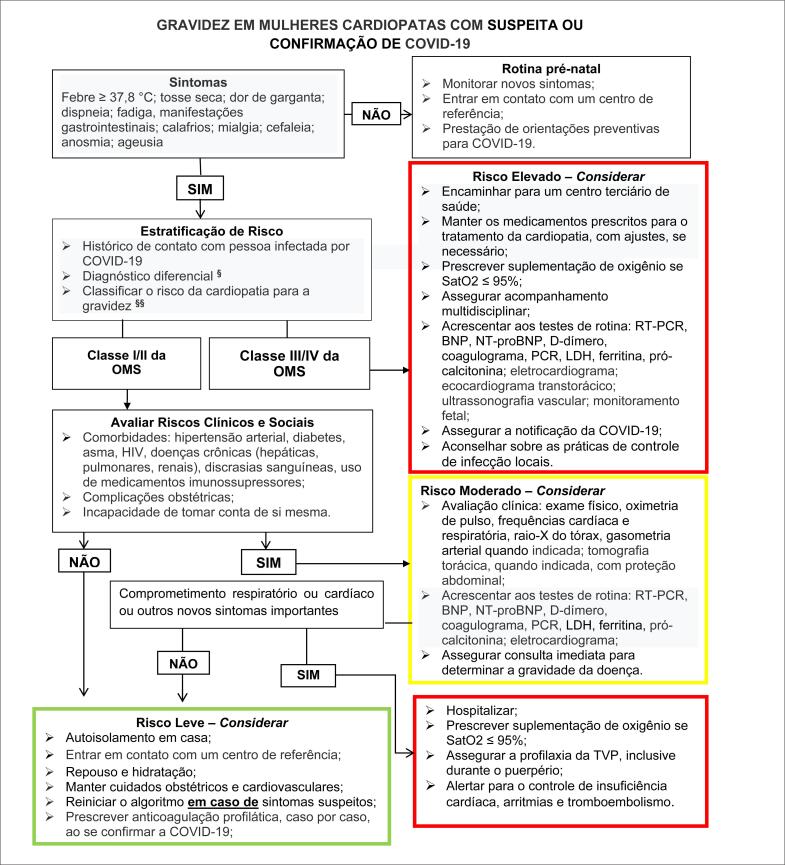 BNP: peptídeo natriurético tipo B (type B natriuretic peptide); LDH: desidrogenas lática (lactic dehydrogenase); NT-proBNP: fragmento N-terminal do proBNP (N-terminal fragment of proBNP); PCR: proteína C-reativa; RT-PCR: reação em cadeia da polimerase via transcriptase reversa (reverse -transcriptase polymerase chain reaction); TVP: trombose venosa profunda; § Tabela 4; §§ Tabela 3.