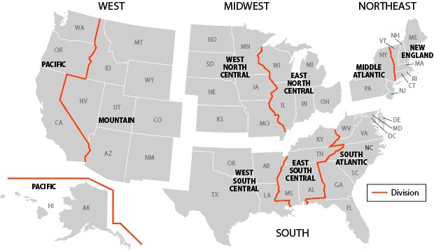 The West (combining the Pacific and Mountain divisions) includes Alaska, Arizona, California, Colorado, Hawaii, Idaho, Montana, Nevada, Oregon, New Mexico, Utah, Washington, and Wyoming; the Midwest (combining the West North Central and East North Central divisions), Kansas, Illinois, Indiana, Iowa, Michigan, Minnesota, Missouri, Nebraska, North Dakota, Ohio, South Dakota, and Wisconsin; the Northeast (combining the New England and Middle Atlantic regions), Connecticut, Maine, Massachusetts, New Hampshire, New Jersey, New York, Pennsylvania, Rhode Island, and Vermont; and the South (combining the West South Central, East South Central, and South Atlantic divisions), Alabama, Arkansas, Delaware, District of Columbia, Florida, Georgia, Kentucky, Louisiana, Maryland, Mississippi, North Carolina, Oklahoma, South Carolina, Tennessee, Texas, Virginia, and West Virginia.