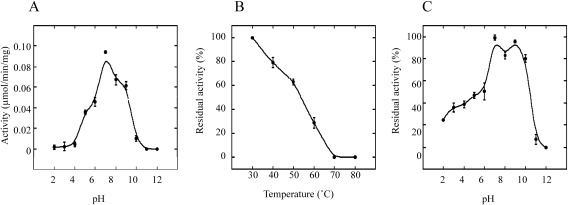 Fig. 4. Enzymatic properties of pxGSTu1 were assayed with CDNB and GSH as substrates. GST activity was assayed under standard conditions, as described in Materials and Methods, unless otherwise indicated. The maximum value obtained was set to 100%. (A) Optimum pH levels for the activities were assayed using citrate-phosphate-borate buffer at various pH levels with a fixed ionic strength of 0.25. (B) Thermostability was determined by the preincubation of the enzyme solution at various temperatures for 30 min before the residual activity was assayed. (C) pH stability was assessed by preincubation of the enzyme solution at various pH levels at 4°C for 24 hr before the residual activity was assayed.