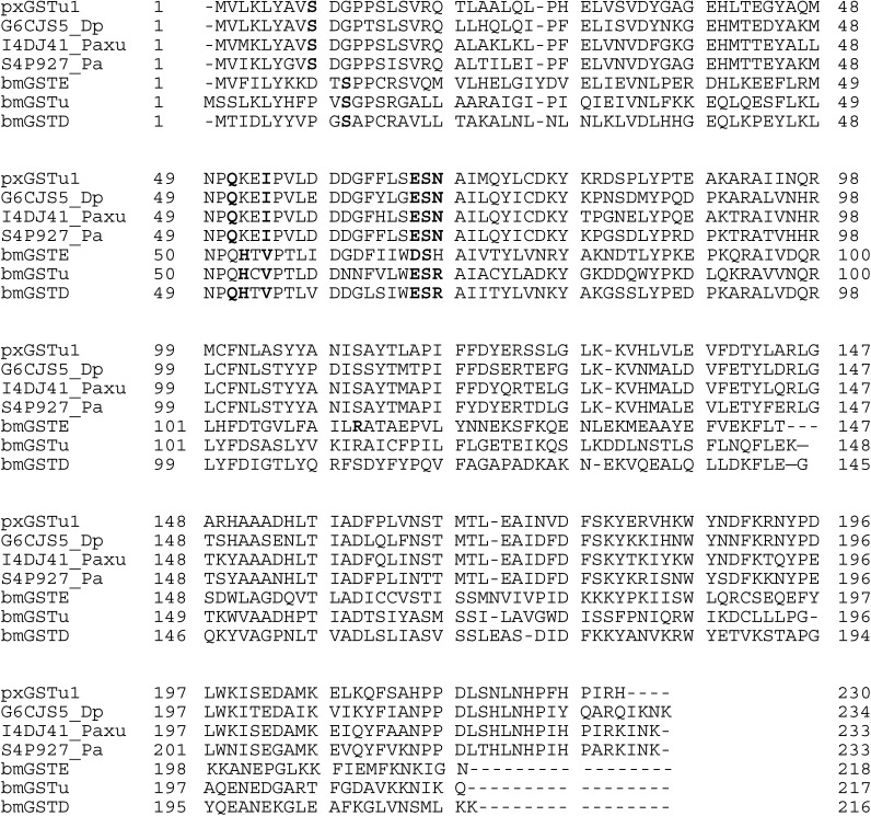 Fig. 1. Alignment of GST amino acid sequences. Sequences of GSTs from different organisms were obtained from Swiss-Prot databases: pxGSTu1 (determined in the present study); G6CJS5_Dp (Danaus plexippus); I4DJ41_Paxu (Papilio xuthus); and S4P927_Pa (Pararge aegeria). Conserved GSH-binding site residues are shown in blue.