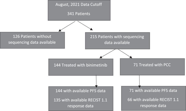 Figure 1. Flow diagram representing numbers of patients with next-generation sequencing data available from archival tissue collected at the time of study entry, and associated outcomes data.