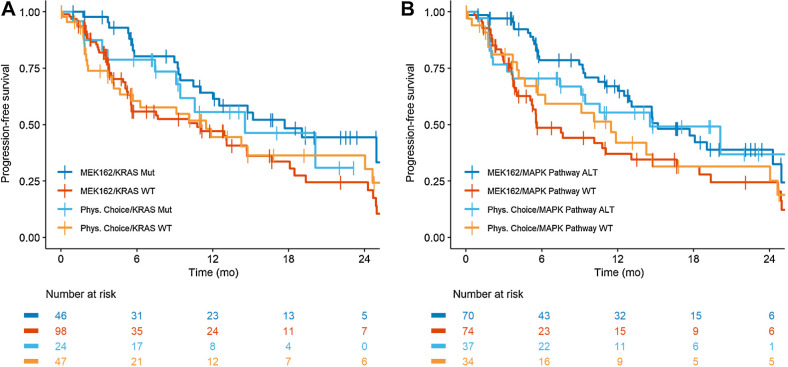 Figure 2. A, Binimetinib and physician's choice of chemotherapy treatment groups (n = 215), Kaplan–Meier plot of progression-free survival by treatment arm and KRAS mutation status (Mut vs. WT). B, Binimetinib and physician's choice of chemotherapy treatment groups (n = 215), Kaplan–Meier plot of progression-free survival by treatment arm and MAPK alteration status. (MEK162, binimetinib; Mut, mutant; WT, wild-type; ALT, alteration). The x-axis is percentage of patient's progression-free survival; the y-axis is time in months.