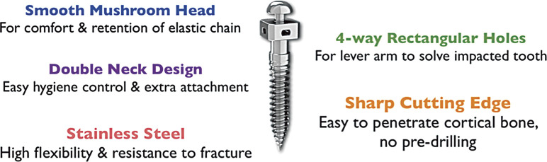 Figure 1. A 2 × 12-mm stainless steel bone screw is designed to be inserted in the mandibular buccal shelf as a self-drilling fixture.