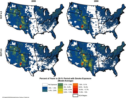 Map of contiguous USA marking regions projecting percentage of years in 20-year period with smoke exposure for RCP 4.5 in 2050 and 2090 and RCP 8.5 in 2050 and 2090. Increases in percentage are presented in the following increments: greater than 0 to 1.3 percent, 1.4 to 2.6, 2.7 to 3.9, 4 to 5.2, 5.3 to 6.5, 6.6 to 7.8, 7.9 to 9.1, 9.2 to 10.4, 10.5 to 11.7, 11.8 to 13 percent.