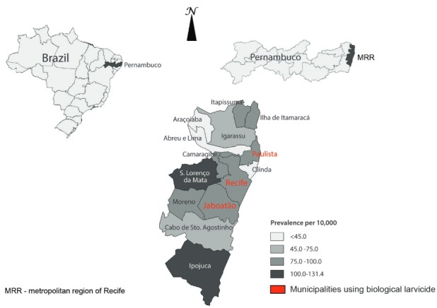 Prevalence of microcephaly per 10,000 live births according to municipalities
of Recife metropolitan region, Pernambuco, Brazil.