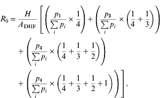 \eqalignno{ \hskip-3pt R_{0} \equals \tab {H \over {A_{{\rm DHF}} }}\left[ {\left( {{{p_{\setnum{1}} } \over {\sum\limits_{i} {p_{i} } }} \times {1 \over 4}} \right) \hskip-1pt \plus \hskip-1pt \left( {{{p_{\setnum{2}} } \over {\sum\limits_{i} {p_{i} } }} \times \left( {{1 \over 4} \plus {1 \over 3}} \right)} \right)} \right. \cr \tab \left. { \plus \left( {{{p_{\setnum{3}} } \over {\sum\limits_{i} {p_{i} } }} \times \left( {{1 \over 4} \plus {1 \over 3} \plus {1 \over 2}} \right)} \right) } \right. \cr \tab \left. {\plus \left( {{{p_{\setnum{4}} } \over {\sum\limits_{i} {p_{i} } }} \times \left( {{1 \over 4} \plus {1 \over 3} \plus {1 \over 2} \plus 1} \right)} \right)} \right] , \tab