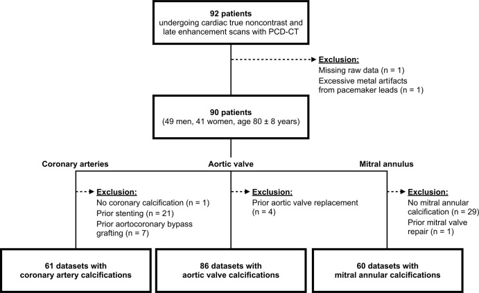 Flowchart details patient inclusion. PCD-CT = photon-counting detector CT.