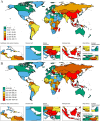Two world maps labeled A and B display different regional data using color gradients. Map A shows data ranging from 6.22 to 103.11 with colors from blue to red. Map B shows data from 124.58 to 1831.63 with a similar gradient. Insets highlight regions such as the Caribbean, Persian Gulf, and Southeast Asia for detailed views.