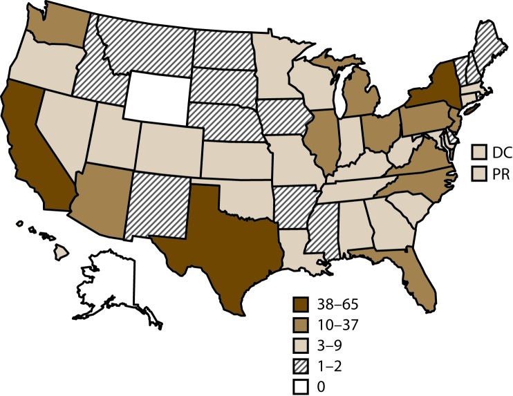 Map of United States shows the number and location of clinics providing assisted reproductive technology procedures. In 2015, 464 of 499 clinics (93%) in the United States, the District of Columbia, and Puerto Rico provided data to CDC.