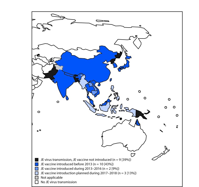 The figure above is a map showing areas with risk for Japanese encephalitis (JE) virus transmission and JE vaccine introduction in 24 countries in Asia and the Western Pacific Region in 2016.