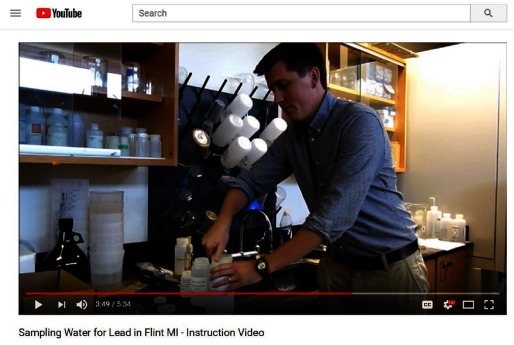 Screen shot from the instructional video that is labeled as follows: Sampling Water for Lead in Flint MI – Instruction Video.