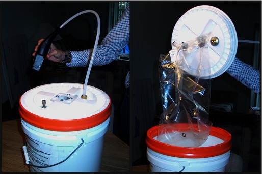 Photographs of the interior and exterior of the bucket sampler.