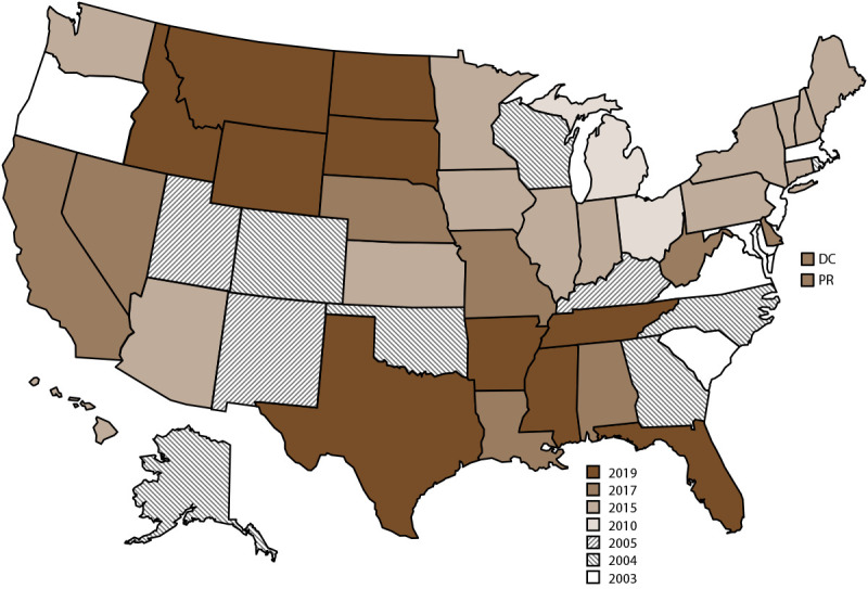 The figure is a map of the United States showing the states participating in the National Violent Death Reporting System, by year of initial data collection during 2003–2021.