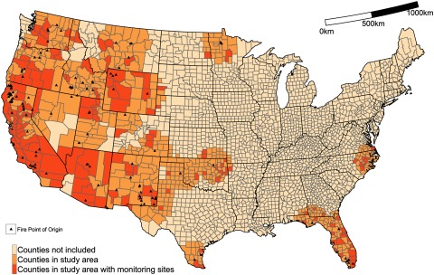 Figure 1 is a map of the USA marking counties not included, counties in study area, and counties in study area with monitoring sites, which are indicating fire point of origin across an area of 0 to 1,000 kilometers.