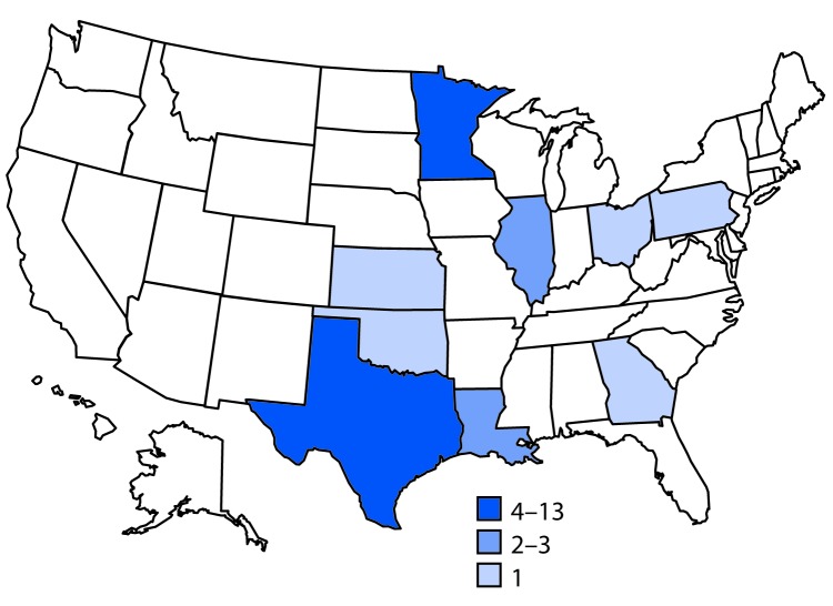 The figure above is a map showing the number of persons (N = 32) infected with the outbreak strain of Salmonella Anatum, by state, in the United States during May 6–July 9, 2016.