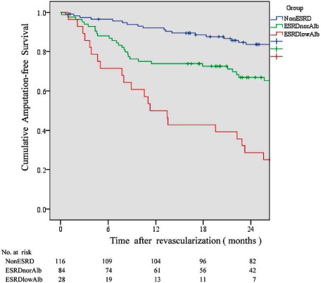 Fig. 4 Cumulative amputation-free survival rate in CLI patients with tissue loss. Patient background has great impact on the amputation-free survival. Non-ESRD: patients without ESRD; ESRD norAlb: ESRD patients without severely low albuminemia; ESRDlowAlb: ESRD patients with severe low albuminemia (<3.0 g/dL). There was a significant difference among groups; p<0.001 by long-rank test [Data from Reference No. 7].