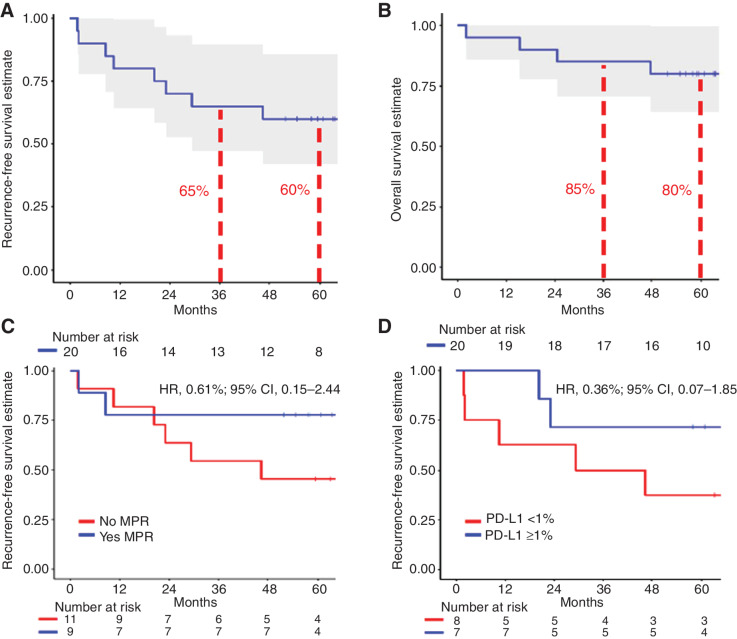 Figure 1. A–D, Kaplan–Meier curves depicting the recurrence-free survival (A) and overall survival (B) for patients who underwent definitive resection after receiving neoadjuvant nivolumab. C, Depicts the recurrence-free survival for patients with or without major pathological response after neoadjuvant nivolumab. D, Shows the recurrence-free survival stratified by pre-treatment tumor PD-L1 expression. The dashed lines represent the 95% confidence intervals for each KM-curve. Abbreviations: Major pathological response, MPR; Programmed death-ligand 1, PD-L1; Hazard ratio, HR; Confidence Interval, CI.